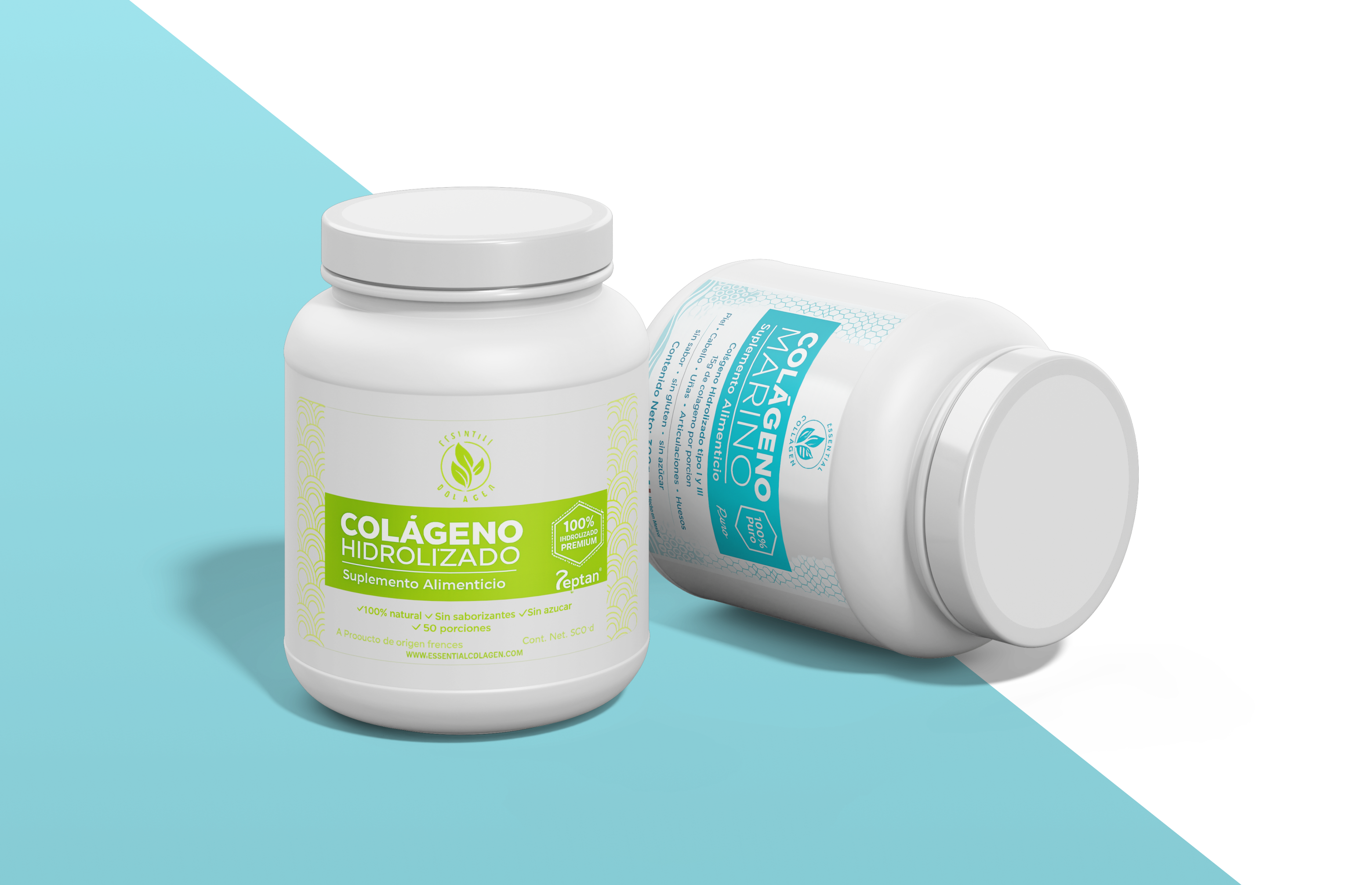 Envases de colágeno hidrolizado en polvo, suplemento alimenticio para bienestar, movilidad y cuidado de la piel.